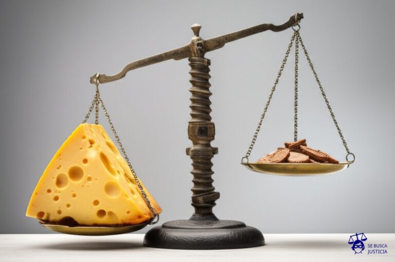 Un gran queso suizo (la Luna) con agujeros irregulares, inclinado a punto de caer sobre una balanza gigante y oxidada. En uno de los platillos de la balanza, un puñado de migas de pan. En el otro, un solo grano de arena. Representa: El Juicio por la Caída de la Luna (1881