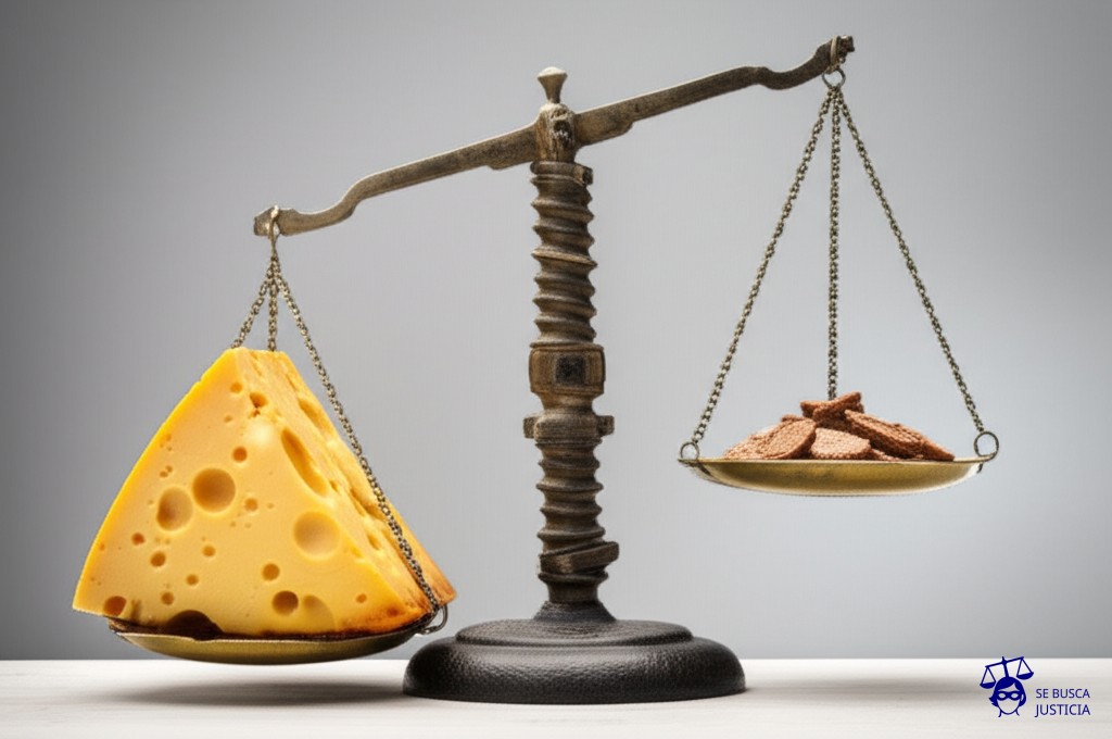 Un gran queso suizo (la Luna) con agujeros irregulares, inclinado a punto de caer sobre una balanza gigante y oxidada. En uno de los platillos de la balanza, un puñado de migas de pan. En el otro, un solo grano de arena. Representa: El Juicio por la Caída de la Luna (1881