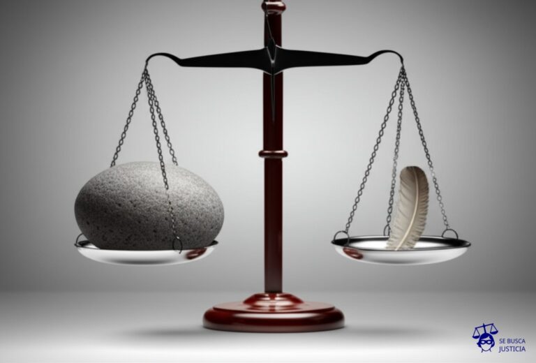 Una balanza con dos platos. En un plato, una gran mentira (representada por una piedra enorme). En el otro plato, una pluma (representando la verdad). La balanza está claramente inclinada hacia la mentira. Representa: El caso Ghisoni: denunció a su padre por abusó y admitió que fue mentira años después