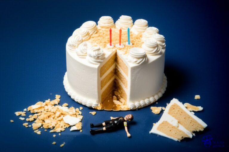 Un pastel de cumpleaños con un solo pedazo servido, el resto del pastel es un montón de migajas y una figura de árbitro de juguete tirada a un lado. Representa: El escándalo de amaño de partidos en el Calciopoli italiano (Fútbol 2006)