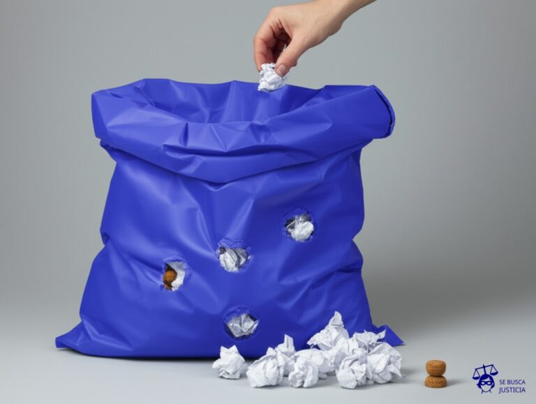 Un gran saco de basura (representando los datos personales) con agujeros en la parte inferior, por donde se escapan pequeños datos (representados por bolitas de papel arrugado). Una mano (la persona) intenta inútilmente tapar los agujeros con un tapón de corcho diminuto. Representa: El habeas data como herramienta constitucional para el acceso, rectificación, actualización o supresión de datos personales en registros públicos o privados.