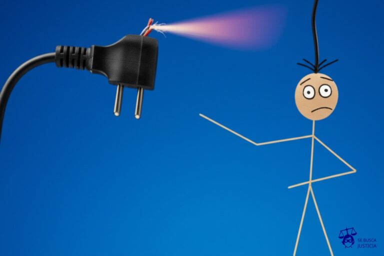 Un hombrecito de palitos, con el pelo erizado y los ojos saltones, está pegado a un enchufe de pared que tiene las clavijas torcidas y un cable pelado saliendo. Del enchufe sale una chispa que conecta directamente con la cabeza del hombrecito. Representa: Electrocución por instalación defectuosa