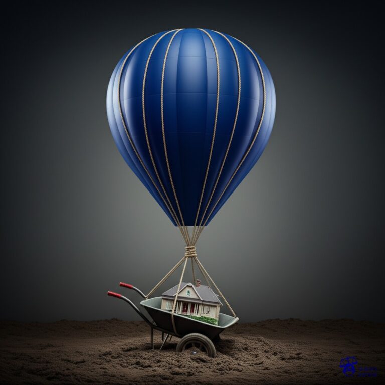 Un gran globo aerostático (la casa) atado con cuerdas a una pequeña carretilla (la deuda) que se hunde en el barro. Representa: Embargo sobre un inmueble por deudas del dueño anterior