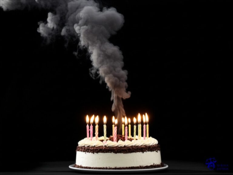 Un enorme pastel de cumpleaños con velas encendidas, pero en lugar de humo, de cada vela sale una espesa columna de humo negro que se expande rápidamente. Representa: Emisiones tóxicas sin control en zonas urbanas