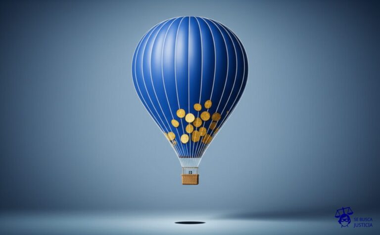 Un gran globo aerostático (la empresa) siendo inflado con monedas de oro falsas que se desbordan por todos lados, mientras un pequeño agujero invisible en la parte inferior lo deshincha lentamente. Representa: Endeudamiento fraudulento a nombre de la empresa