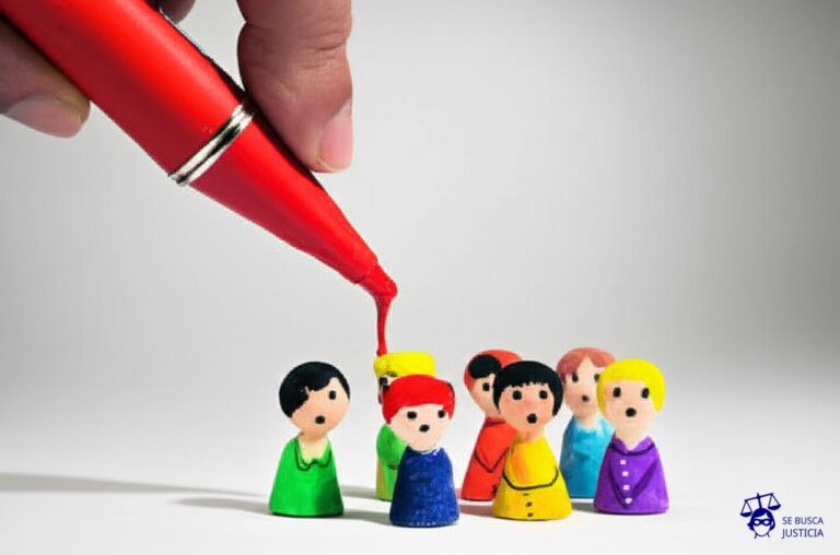 Un pincel gigante manchado de pintura, con forma de dedo acusador, apuntando hacia un grupo de figuras abstractas de niños, todas con expresiones de sorpresa. Representa: Eric Fischl fue investigado por presunta pornografía infantil debido a sus pinturas con menores desnudos