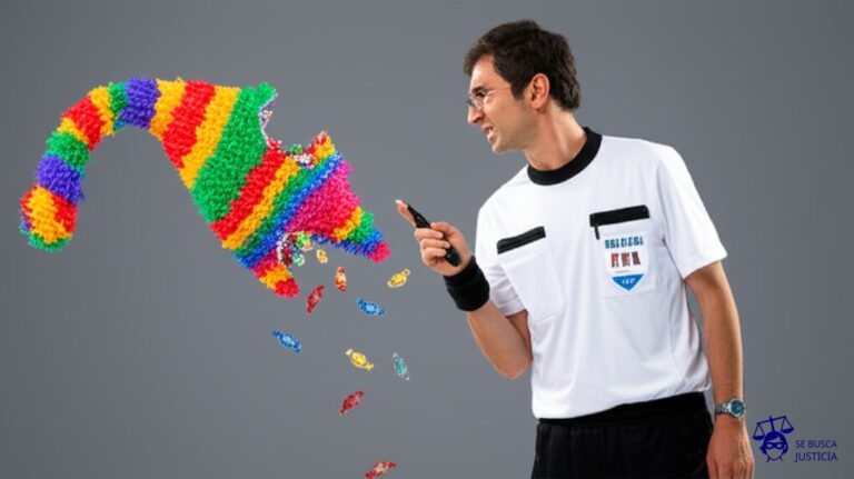 Un ciego con un silbato, apuntando con el dedo a una piñata rota llena de caramelos. Representa: Error en el VAR en el Mundial de Clubes 2016 (Real Madrid vs Kashima Antlers)