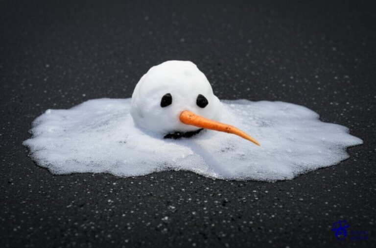 Un muñeco de nieve con una zanahoria en la nariz, completamente derretido sobre un suelo de asfalto. Representa: Error en informe policial del accidente