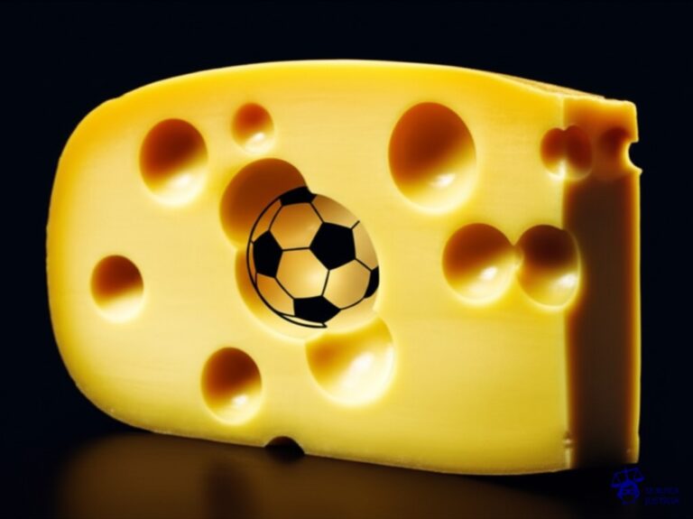 Un gran queso suizo con agujeros desproporcionadamente grandes, uno de los cuales tiene la forma de una pelota de fútbol. Representa: Errores arbitrales en la final Copa Libertadores 2018 (River vs Boca