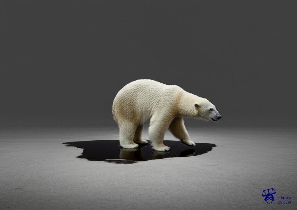 Un oso polar intentando patinar sobre una mancha de aceite en un suelo de cemento. Representa: Errores en la comunicación de siniestros