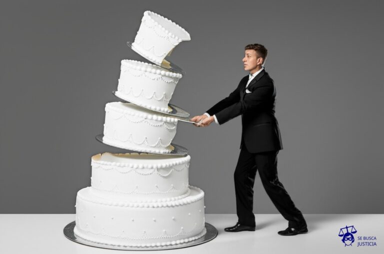 Un pastel de bodas con una base impecable y una cima desmoronada, con un novio desesperado intentando sostenerla. Representa: Errores en la declaración de información al contratar