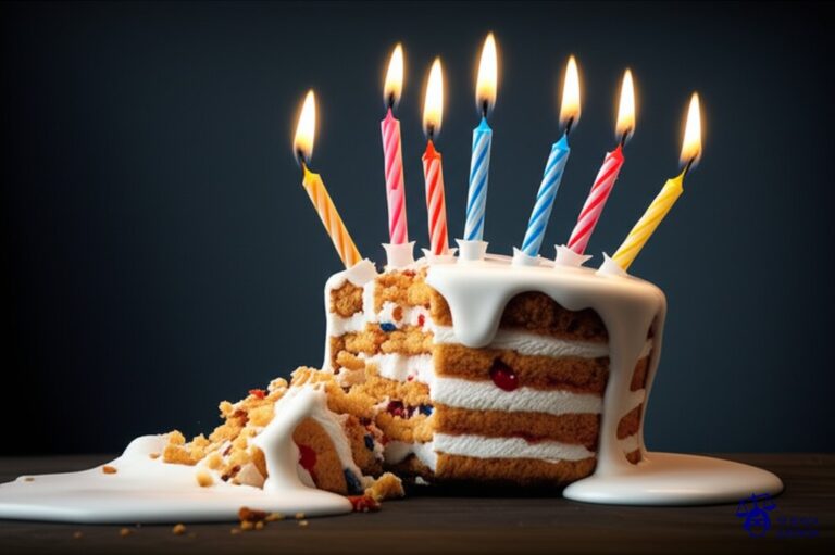 Un pastel de cumpleaños que se derrumba grotescamente, con velas torcidas y crema desparramada, intentando mantenerse en pie. Representa: Errores en la liquidación de retenciones impositivas