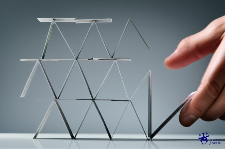 Un castillo de naipes, elegantemente construido, con una mano invisible retirando lentamente la carta inferior. Representa: Estafas mediante sociedades comerciales fantasma