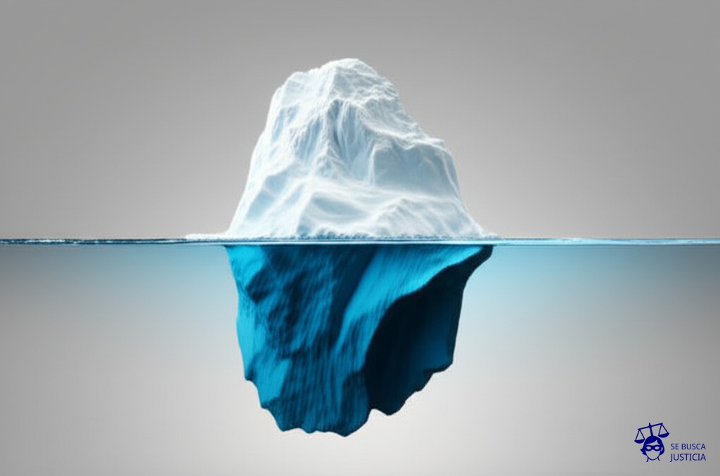 Un iceberg, pero la parte visible (declarada) es una pequeña porción, mientras que la mayor parte sumergida (no declarada) es desproporcionadamente enorme. Representa: Evación fiscal mediante maniobras de subfacturación