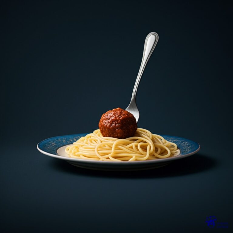 Un plato de espaguetis con una sola albóndiga, a la que le falta un mordisco, y un tenedor roto clavado en el plato. Representa: Ex pareja denuncia incumplimiento del acuerdo de divorcio