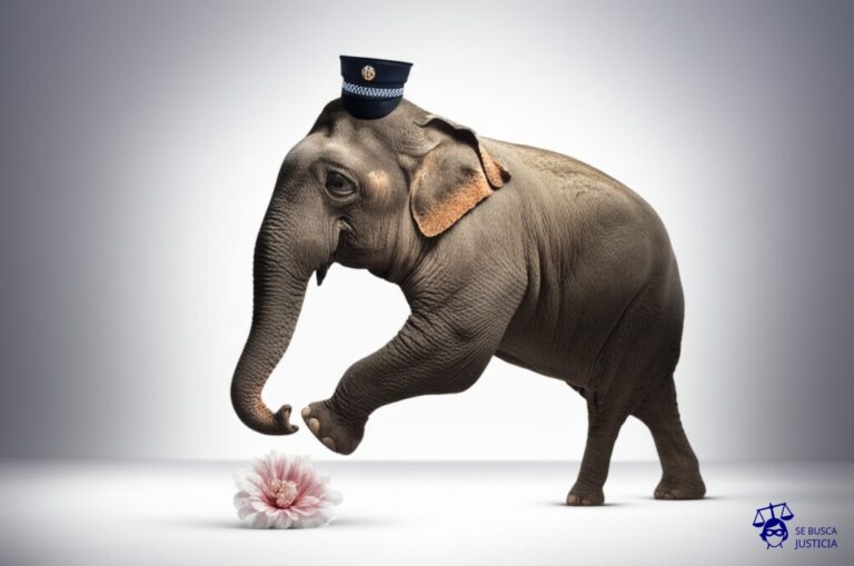 Un elefante, con un gorro de policía, aplastando una delicada flor con su pata. Representa: Exceso de autoridad en la ejecución de actos administrativos