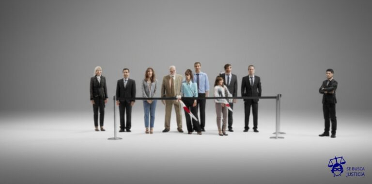 Un grupo de personas intentando entrar a una fila, pero hay una barrera invisible que solo bloquea a algunas al azar, sin ninguna señal ni explicación. Representa: Exclusiones no informadas claramente