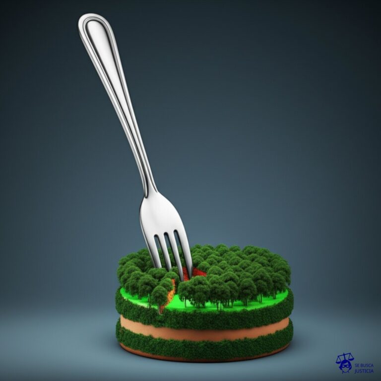 Un gran tenedor gigante, clavado en un pastel de cumpleaños que representa un bosque frondoso. El tenedor ya ha comido una porción considerable del pastel. Representa: Expansión agrícola sobre bosques nativos