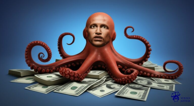 Un pulpo con la cara de un atleta famoso, extendiendo sus tentáculos sobre una pila de dinero. Representa: Explotación de derechos de imagen de atletas sin consentimiento