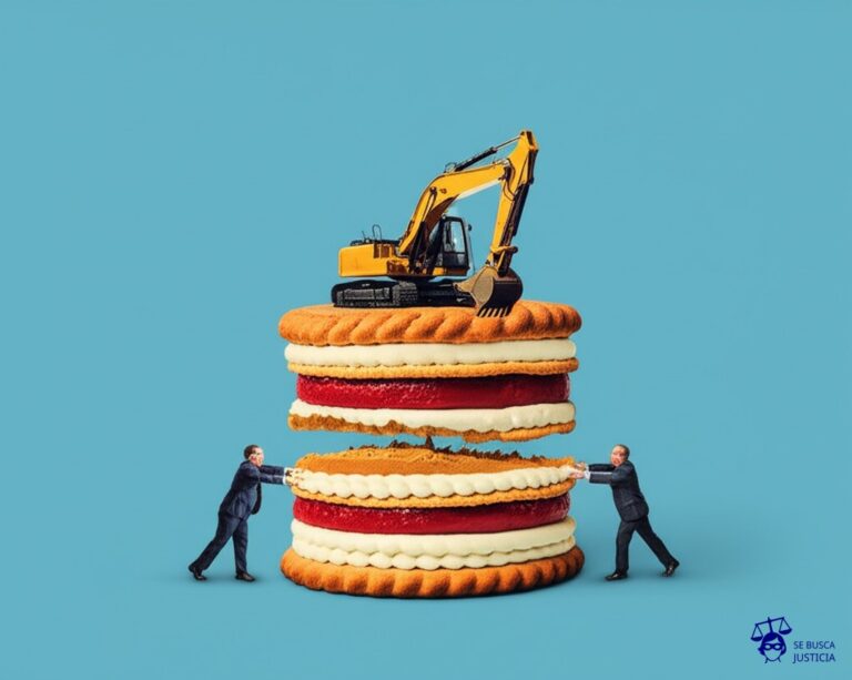 Un gran pastel, tentadoramente decorado, con una persona a cada lado, jalando cada uno de los extremos, intentando partirlo. En el centro del pastel, una excavadora trabajando frenéticamente. Representa: Explotación de recursos naturales en territorios en disputa