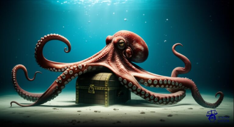 Un gran pulpo, con tentáculos gigantescos, succionando frenéticamente un cofre del tesoro hundido en el fondo del mar, dejando solo burbujas y arena. Representa: Explotación ilegal de recursos marinos