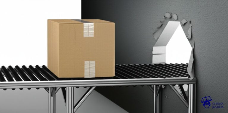 Una caja de cartón vacía, con cinta adhesiva nueva y bien sellada, siendo empujada por una cinta transportadora que se dirige hacia un agujero en la pared. Representa: Exportaciones simuladas para evasión