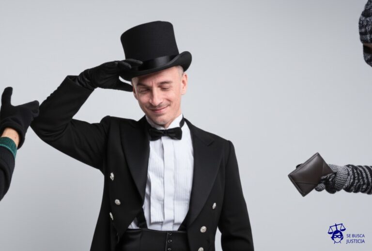 Un hombre con un sombrero de copa elegante, quitándose el sombrero con una sonrisa forzada mientras un ladrón le roba la billetera a plena luz del día. Representa: Expropiación sin indemnización justa