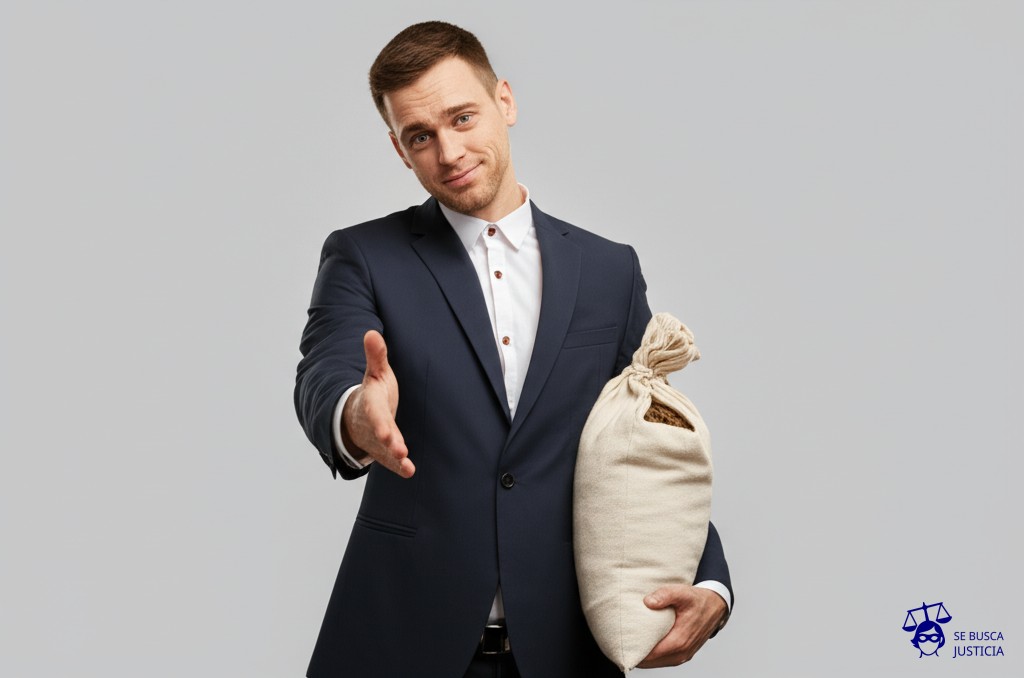 Un hombre, con una mano extendida como para dar un apretón, pero con la otra mano escondiendo un gran saco lleno de monedas detrás de su espalda. Representa: Expropiaciones forzosas sin justa indemnización