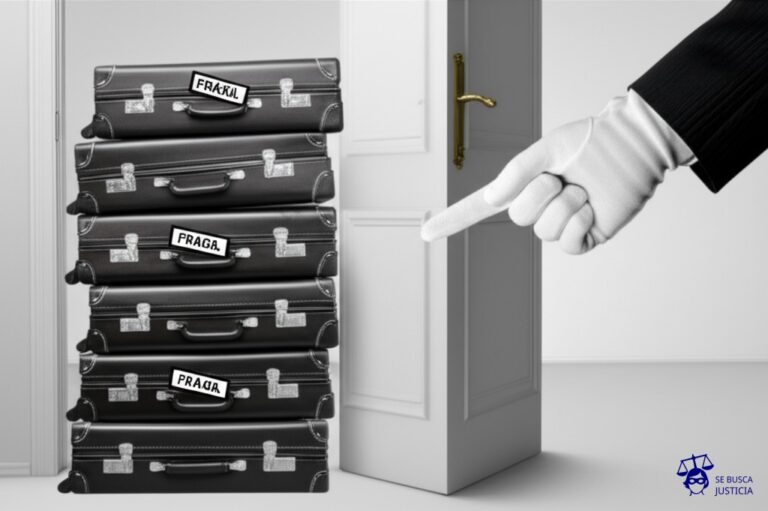 Una fila de maletas idénticas, apiladas y con una etiqueta grande que dice FRÁGIL. Una mano con guante blanco empuja la pila fuera de una puerta entreabierta. Representa: Expulsión de personal diplomático por conflictos bilaterales