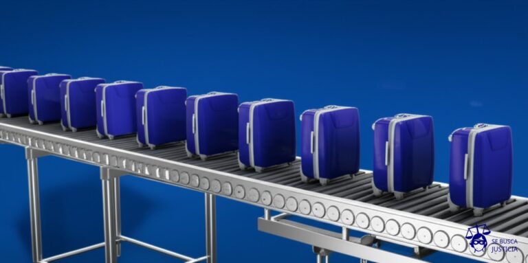 Una fila interminable de maletas idénticas siendo empujadas por una cinta transportadora hacia un precipicio. Representa: Expulsión masiva de ciudadanos extranjeros sin debido proceso