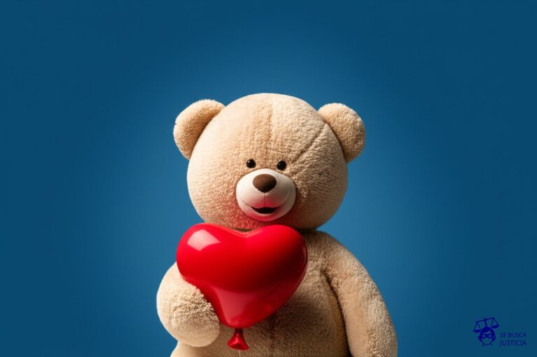Un oso de peluche gigante, sonriendo siniestramente, sosteniendo un pequeño globo rojo que representa un corazón. El globo está a punto de explotar por la presión de la mano del oso. Representa: Extorsión y chantaje