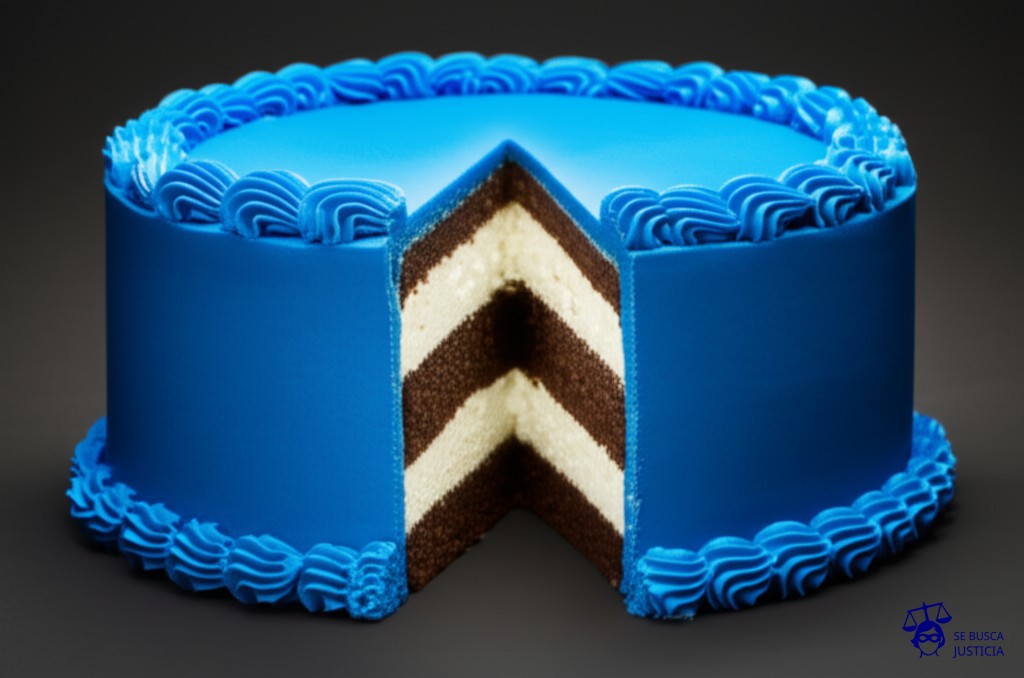 Un gran pastel de cumpleaños, aparentemente intacto, con una porción enorme y faltante en su centro, revelando un hueco profundo que conduce a un agujero oscuro. Representa: Extracción de áridos sin autorización ambiental