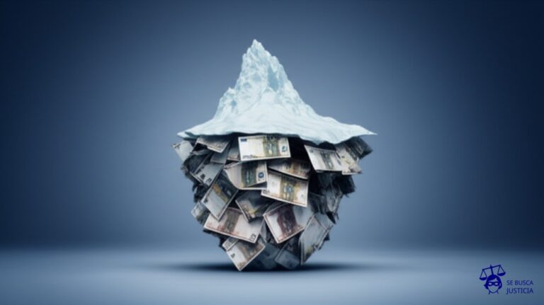 Un gran iceberg, con una pequeña base visible y una inmensa parte sumergida, hecha de billetes de banco. Representa: Facturación incorrecta o sobrefacturación