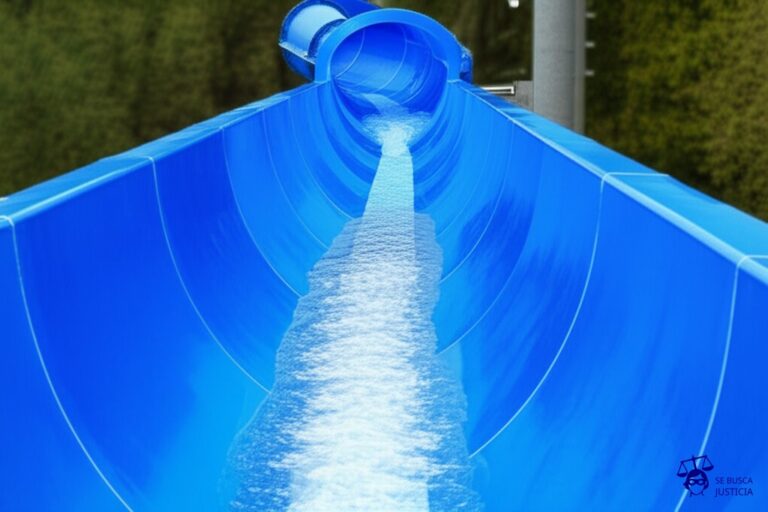 Un tobogán de agua con una rampa al final que dirige directamente a un basurero. Representa: Falla en sistema de seguridad de parque de diversiones