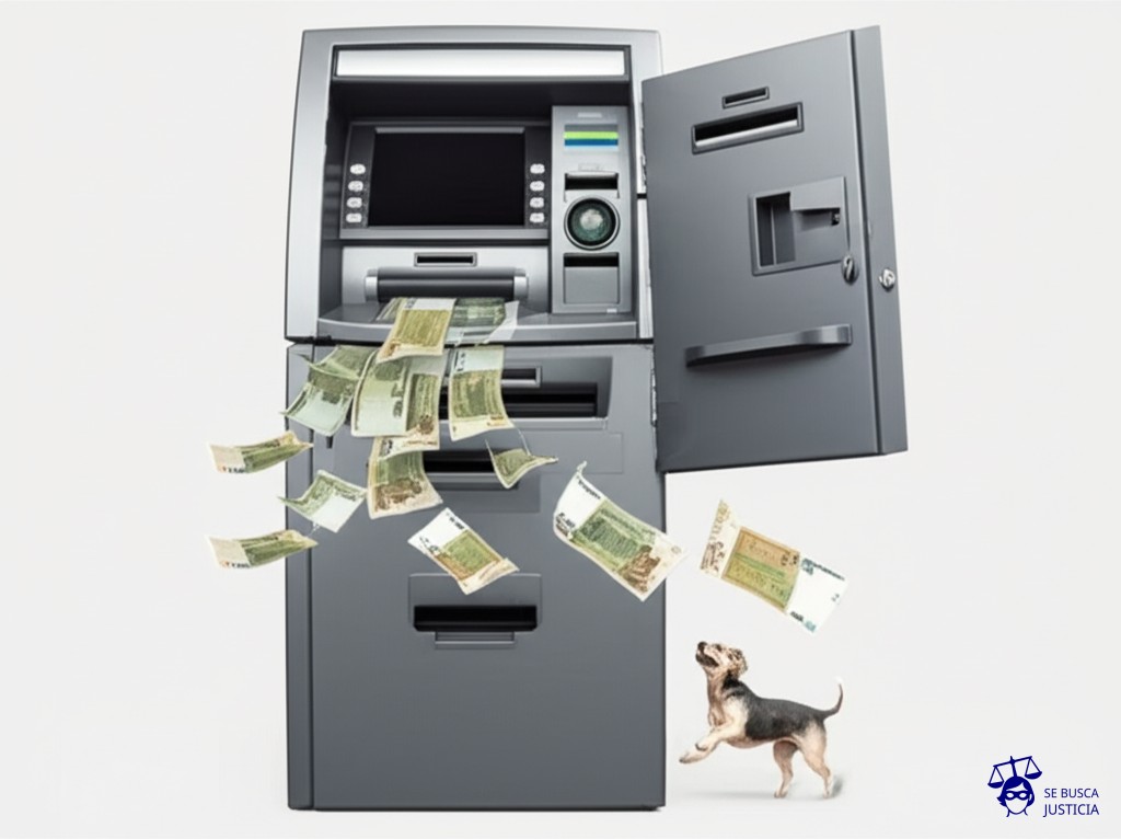 Un cajero automático con la puerta abierta de par en par, y un montón de billetes saliendo volando por la puerta, perseguidos por un perro pequeño y flaco. Representa: Fallas en sistemas de seguridad de cajeros automáticos