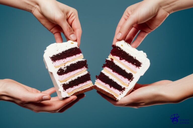Un pastel de cumpleaños partido por la mitad, con dos manos gigantes peleando por un pedazo. Representa: Fallecimiento en accidente y herederos en disputa