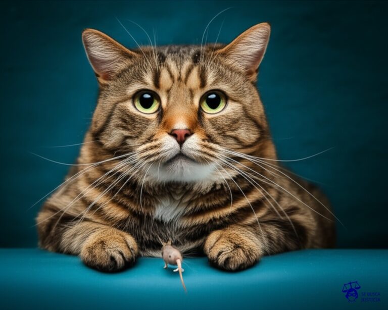 Un gato gordo y peludo, atascado en un agujero de ratón minúsculo. Representa: Falsas acusaciones de infracción de derechos de autor