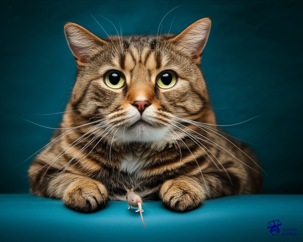 Un gato gordo y peludo, atascado en un agujero de ratón minúsculo. Representa: Falsas acusaciones de infracción de derechos de autor