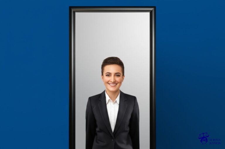 Un gran espejo deformante que refleja una imagen exageradamente halagadora de una persona, con una sonrisa forzada y una postura rígida. Representa: Falsas evaluaciones de desempeño