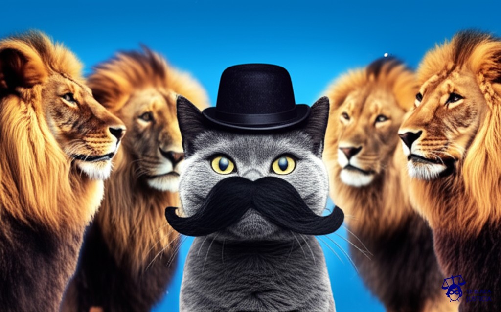 Un gato con un sombrero de copa y un bigote falsamente pegado, intentando encajar en un grupo de leones elegantes. Representa: Falsificación de certificaciones de propiedad intelectual