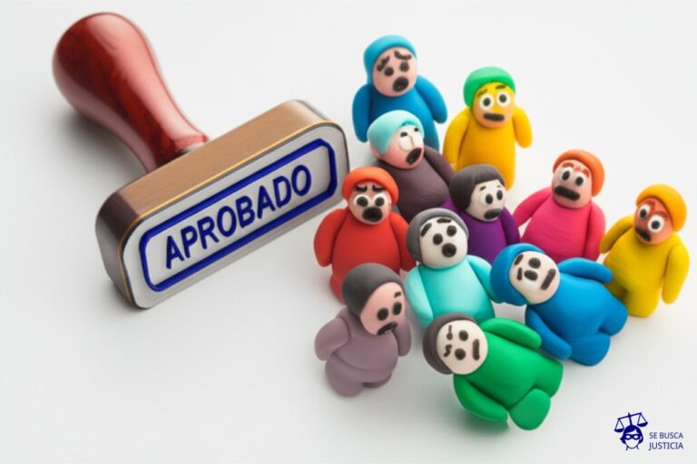 Un sello de goma con la palabra APROBADO estampando compulsivamente un montón de pequeños muñecos de plastilina, cada uno con una expresión de sorpresa o desconcierto. Representa: Falsificación de consentimientos para el tratamiento de datos