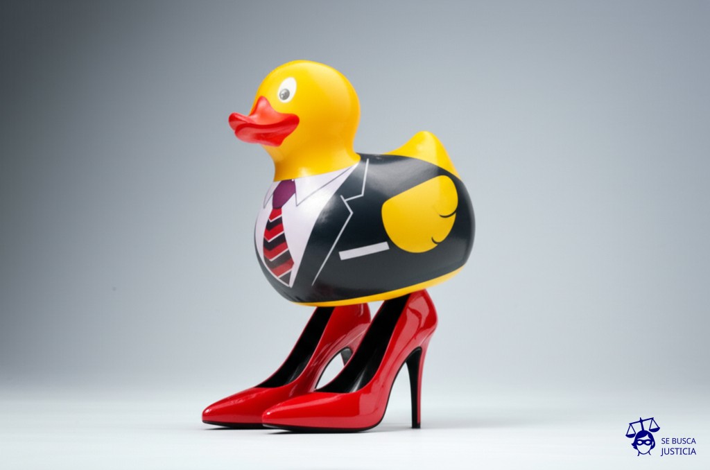 Un pato de goma inflable con un traje y corbata, intentando caminar con zapatos de tacón de aguja. Representa: Falsificación de documentación comercial