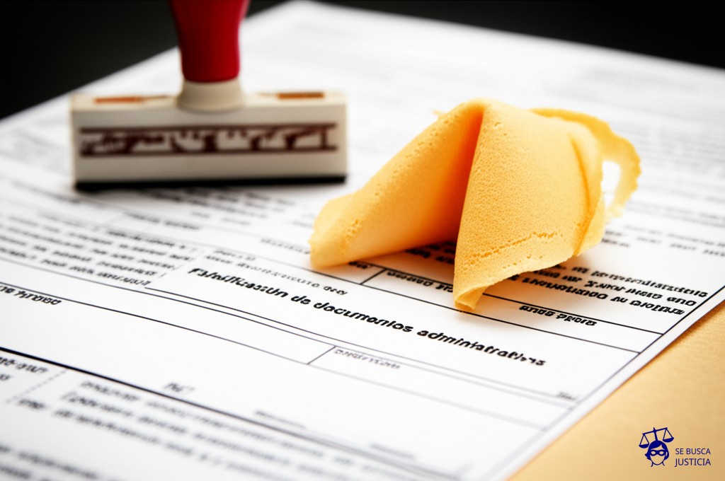 Un sello de goma con la forma de una galleta de la fortuna, pero con la superficie desgastada y torcida, estampando un documento oficial. Representa: Falsificación de documentos administrativos