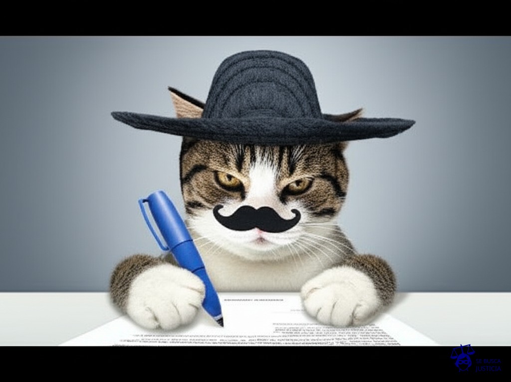 Un gato con un bigote postizo y un sombrero de ala ancha, intentando firmar un documento con una pata. Representa: Falsificación de firmas en contrato de alquiler