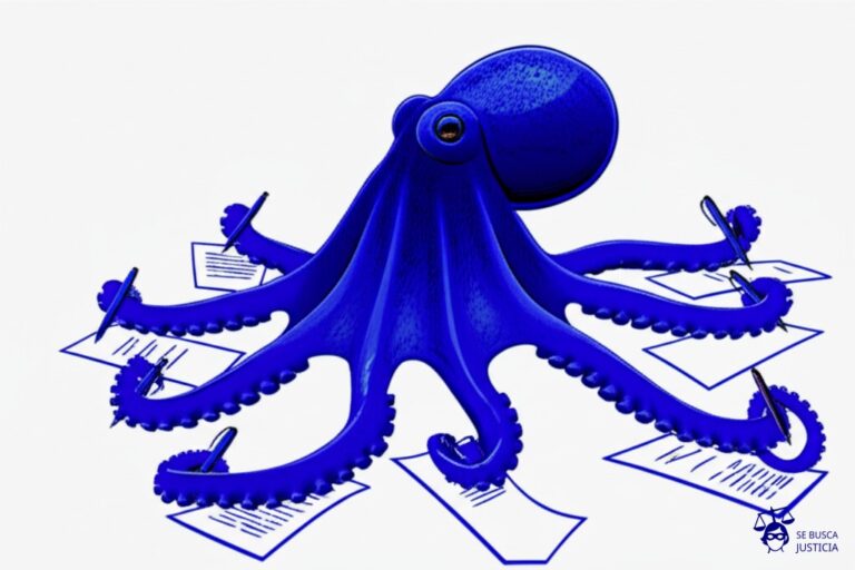 Un pulpo con múltiples tentáculos, cada uno sosteniendo un bolígrafo y firmando simultáneamente diferentes documentos. Representa: Falsificación de firmas en solicitudes de crédito