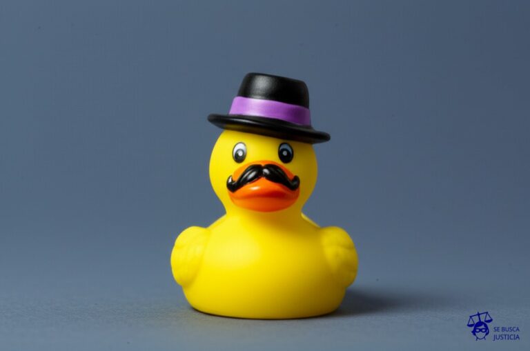 Un patito de hule con un bigote postizo y un sombrero de copa torcido. Representa: Falsificación de productos o marcas