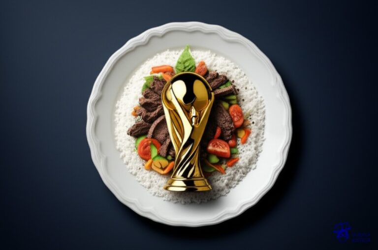 Un plato de comida gourmet (un trofeo deportivo), con una capa superficial impecable, pero al levantarla (o darle un mordisco), revela un montón de sobras y basura debajo. Representa: Falsificación de productos promocionales de eventos deportivos