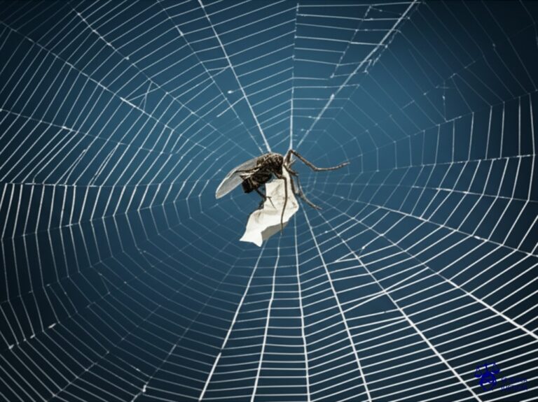Una gran telaraña vacía, con una mosca (representando al cliente) atrapada en el centro, intentando desesperadamente alcanzar un pequeño trozo de papel arrugado (el historial de pagos) que está justo fuera de su alcance, en el borde de la telaraña. Representa: Falta de acceso a historial de pagos de un crédito ya cancelado
