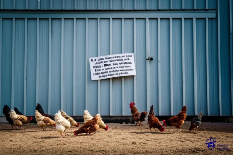 Un granero robusto y bien mantenido, con la puerta cerrada con llave y un cartel que dice Solo para uso exclusivo. Afuera, un pequeño grupo de pollos hambrientos picotean desesperadamente el suelo agrietado. Representa: Falta de acceso a la justicia ambiental para comunidades rurales