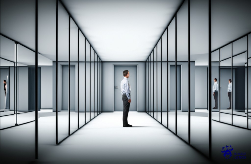 Un laberinto de espejos deformantes, con una puerta de salida visible pero inaccesible, reflejando la imagen distorsionada de un individuo intentando alcanzarla. Representa: Falta de acceso a la justicia gratuita en el ámbito administrativo